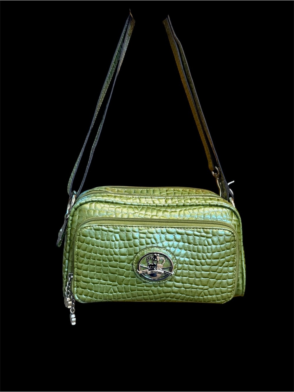 Kathy Von Zeeland Green Croc-Embossed Crossbody Shoulder Bag y2k